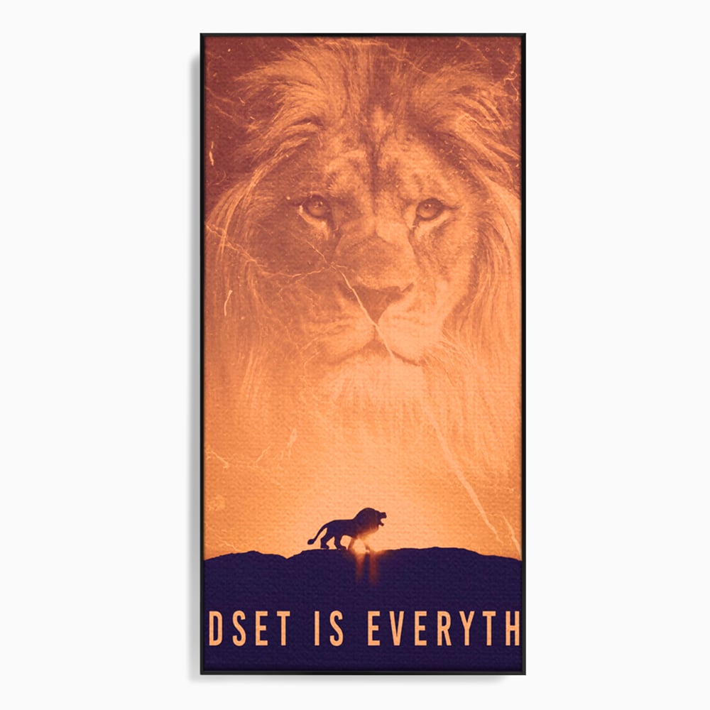 Tablou canvas cu tablou motivational cu leu si silueta, in rama de aluminiu negru